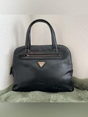 GUESS Black Pebbled Leather Top-Handle Satchel with Gold Hardware